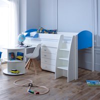 Eli - White and Blue Kids Mid Sleeper Bed - Desk and Chest - Wooden - 3ft - Happy Beds