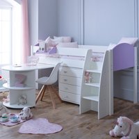 Eli - White and Lilac Kids Mid Sleeper Bed - Desk and Chest - Wooden - 3ft - Happy Beds