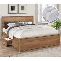 Stockwell/Super Ortho - Double - Storage Bed with Single Drawer and Open Coil Spring Reflex Foam Orthopaedic Mattress Included - Oak/White - Wooden/Fabric - 4ft6 - Happy Beds