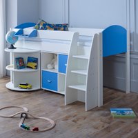 Eli - White and Blue Kids Mid Sleeper Bed - Desk and Shelving Unit - Wooden - 3ft - Happy Beds