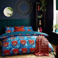 Untamed Cheetah Botanical Duvet Cover Set Blue, Blue / Double