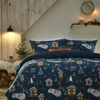 Winter Pines Pyjama Fleece Christmas Duvet Cover Set Navy, Navy / Double